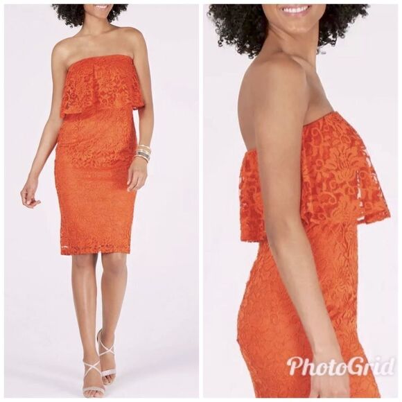 THALIA SODI Strapless Lace Cocktail Dress‎ Midi Fitted Popover Orange Medium New - Picture 1 of 12